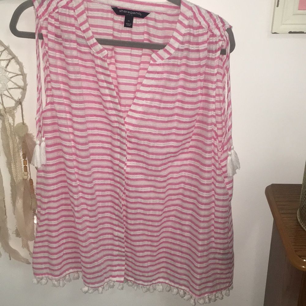 NEW Sharagano Blouse XL Pink White Striped Sleeveless Tassel Fringe Boho Top